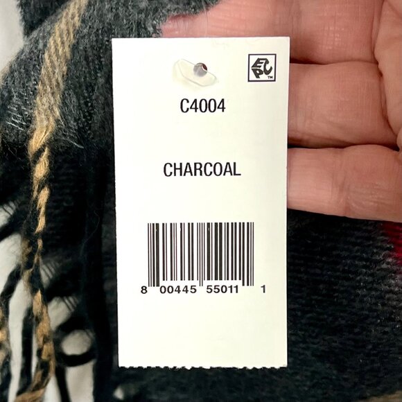 Cejon Plaid Fringe Scarf Charcoal Red Beige 100% Acrylic Italy Unisex NWT's - Picture 4 of 7
